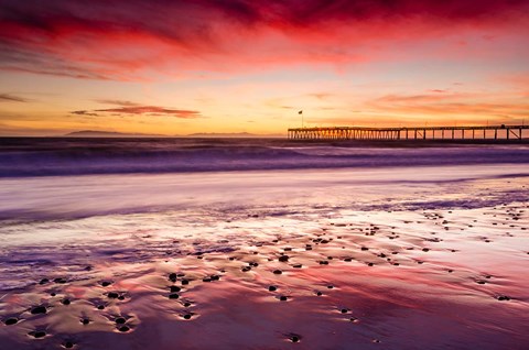 Framed Sunset Over Ventura Pier From San Buenaventura State Beach Print