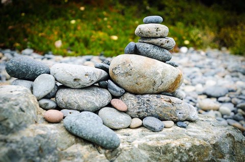 Framed Stacked Rocks On Sand Dollar Beach Print