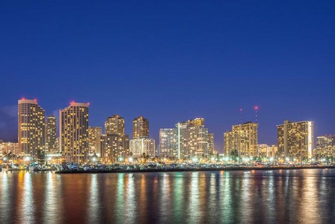 Framed Waikiki Skyline At Night, Honolulu, Hawaii Print