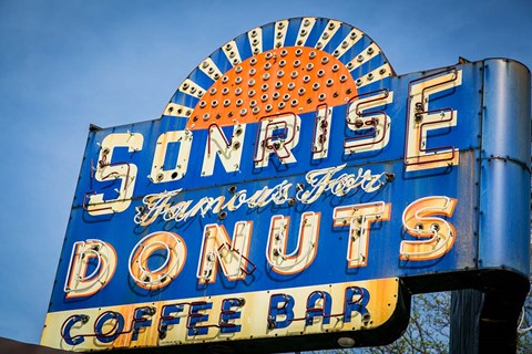 Framed Vintage Neon Sign For Sunrise Donuts Print