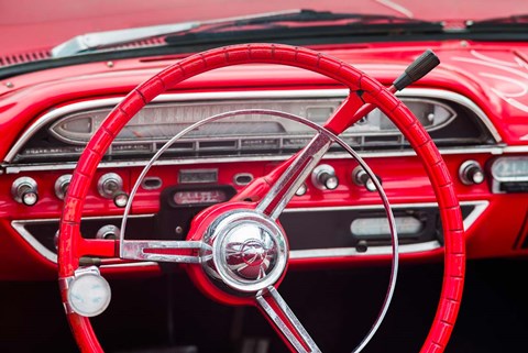 Framed Classic Red Steering Whell At An Antique Car Show Print