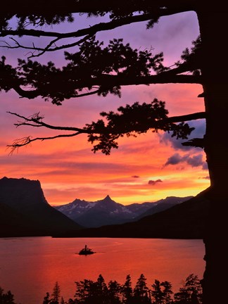 Framed St Mary Lake And Wild Goose Island At Sunset Print