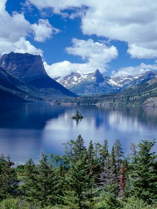 Framed Cumulus Clouds Drift Over Saint Mary Lake And Wild Goose Island Print