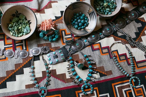 Framed Display Of Turquoise Accessories, Santa Fe, New Mexico Print