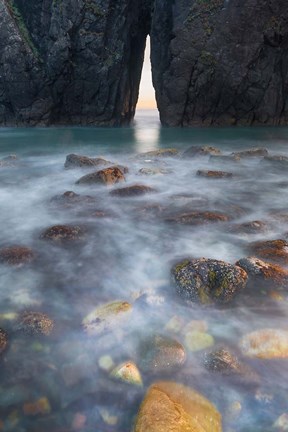 Framed Ocean Spray Over Lichen Covered Rocks At Arch, Harris Beach State Park Print