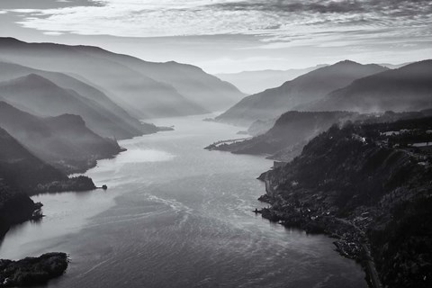 Framed Aerial Landscape Of The Columbia Gorge, Oregon (BW) Print