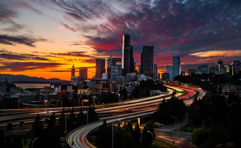 Framed Sunset View Of Downtown Seattle Print