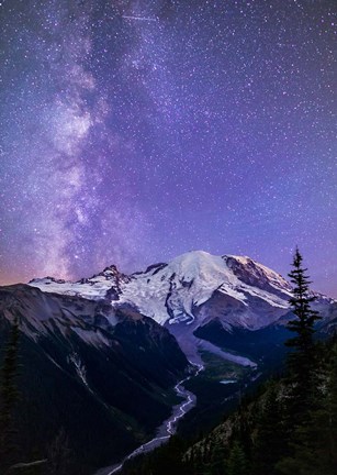 Framed White River Valley Looking Toward Mt Rainier On A Starlit Night Print