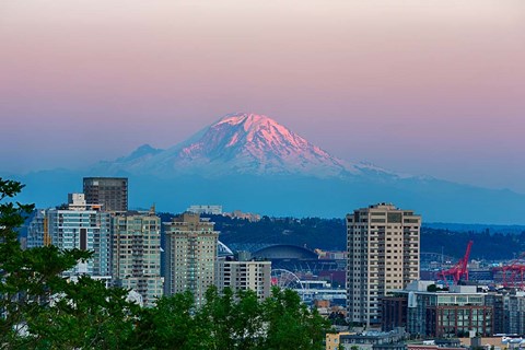 Framed Mount Rainier Behind The Seattle Skyline Print