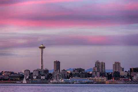 Framed Pink Sunset With The Seattle Space Needle Print