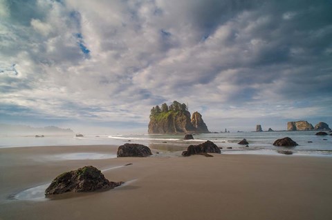 Framed Early Morning Mist And Sea Stacks On Second Beach Print