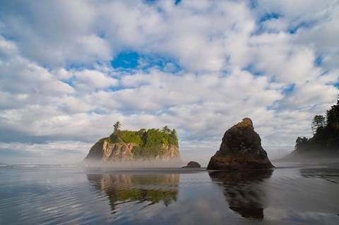 Framed Early Morning Mist And Reflections Of Sea Stacks On Ruby Beach Print