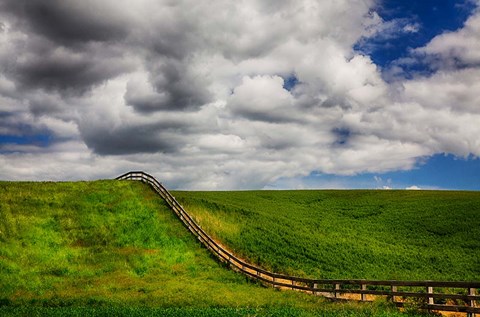 Framed Long Fence Running Through A Wheat Field Print