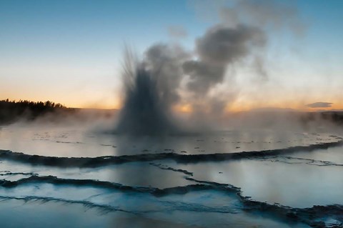 Framed Eruption Of Fountain Geyser After Sunset, Wyoming Print