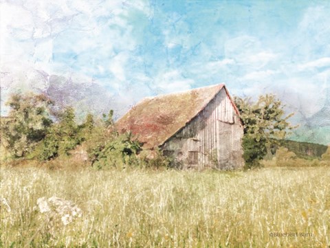 Framed Spring Green Meadow by the Old Barn Print