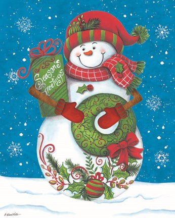 Framed Snowman with Wreaths Print
