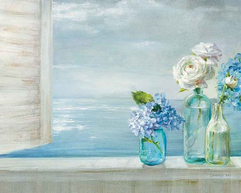 Framed Beautiful Day At the Beach - 3 Glass Bottles Print