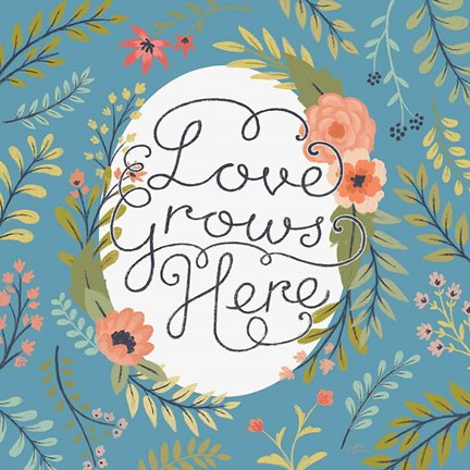 Framed Retro Garden II - Love Grows Here Blue Print