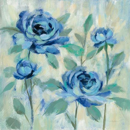 Framed Brushy Blue Flowers I Print