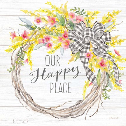 Framed Spring Gingham Wreath Happy Place Print