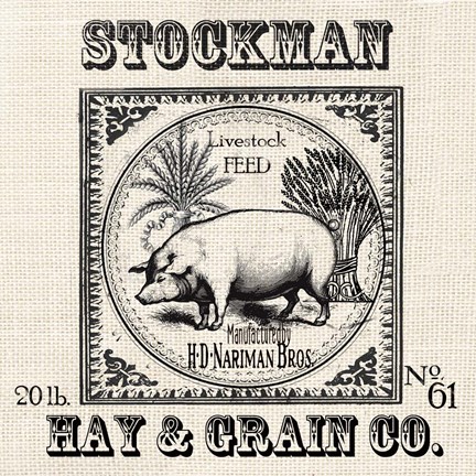 Framed Farmhouse Grain Sack Label Pig Print