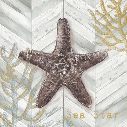 Framed Gray Gold Chevron Star Fish Print