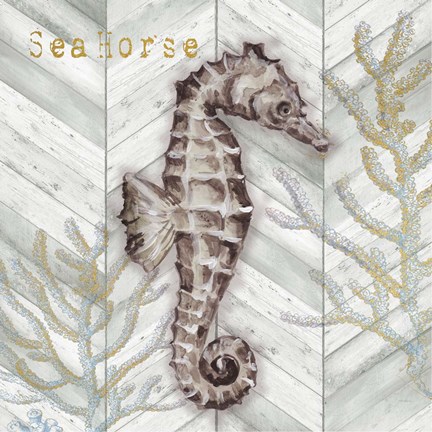 Framed Gray Gold Chevron Seahorse Print