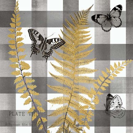 Framed Buffalo Check Ferns and Butterflies Neutral I Print