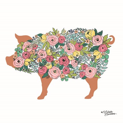 Framed Floral Pig Print