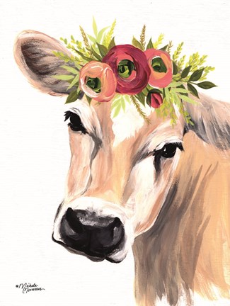 Framed Jersey Cow with Floral Crown Print