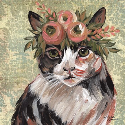 Framed Cat with Floral Crown Print