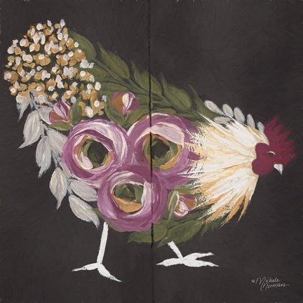 Framed Floral Hen on Black Print