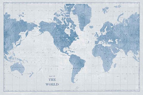 Framed World Map White and Blue Print
