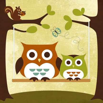 Framed Two Owls on Swing Print