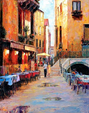 Framed Street Cafe after Rain Print