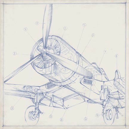 Framed Airplane Mechanical Sketch II Print