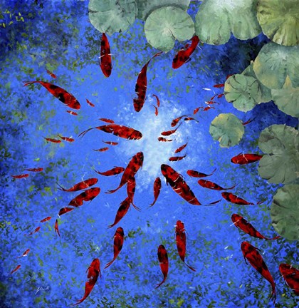 Framed Acqua Blu e Pesci Rossi Print