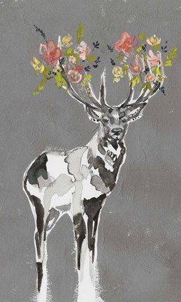 Framed Deer &amp; Flowers I Print