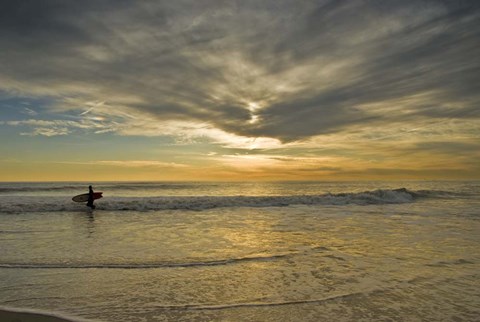 Framed Sunrise On Surfer With Board Walking Through Shore Waves, Cape May NJ Print