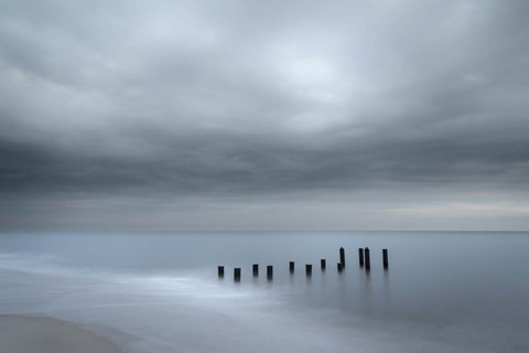 Framed Beach Pilings On Stormy Sunrise, Cape May National Seashore, NJ Print