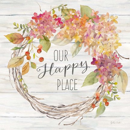 Framed Farmhouse Hydrangea Wreath Spice II Happy Place Print