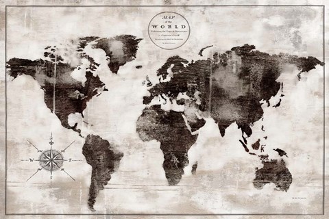 Framed Rustic World Map Black and White Print