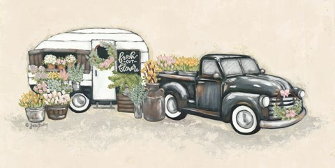 Framed Vintage Flower Truck and Trailer Print