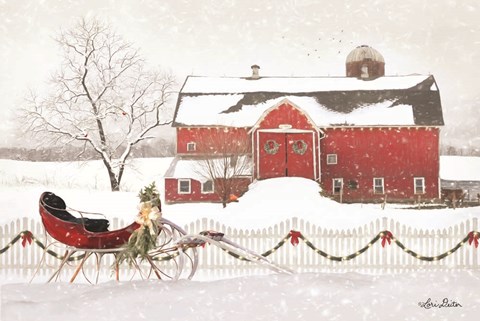 Framed Christmas Barn with Sleigh Print