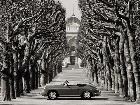 Framed Roadster in Tree Lined Road, Paris (BW) Print