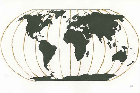 Framed World Map Gold Lines Print