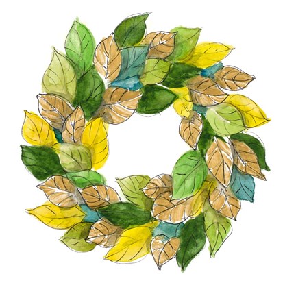 Framed Green Metallic Leaf Wreath Print