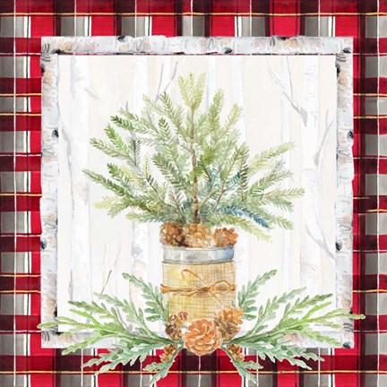 Framed Holiday Sprig on Plaid I Print