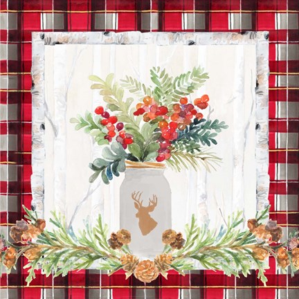 Framed Holiday Sprig on Plaid II Print