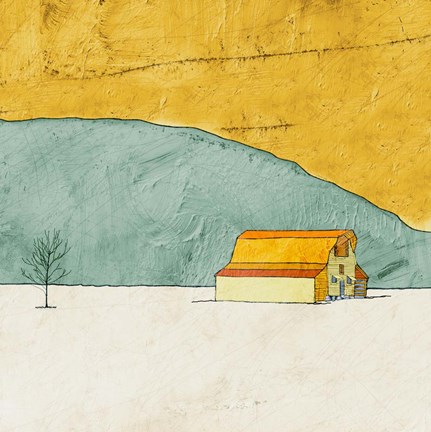 Framed Teal and Yellow Barn Print